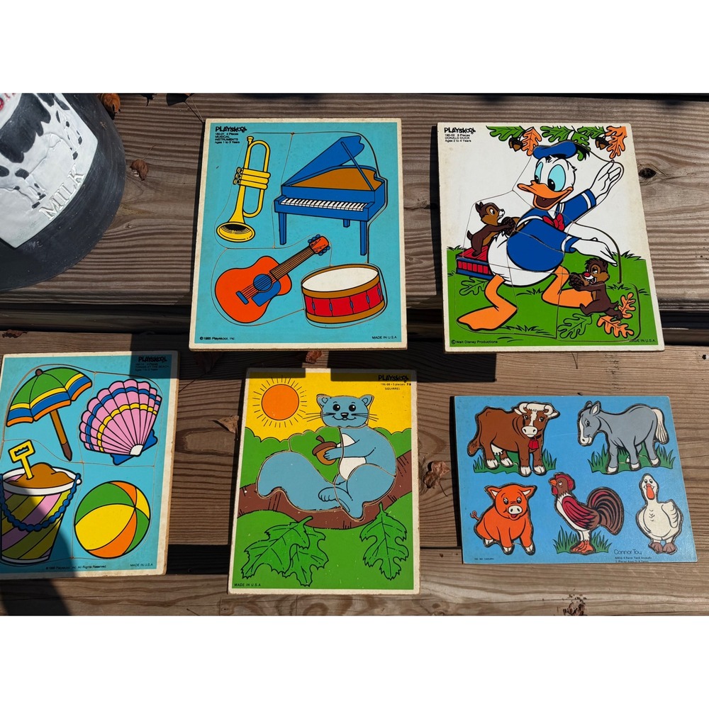 VTG Playskool Disney Connor Toy Wooden Puzzles Lot of 5 Farm Beach Music Donald